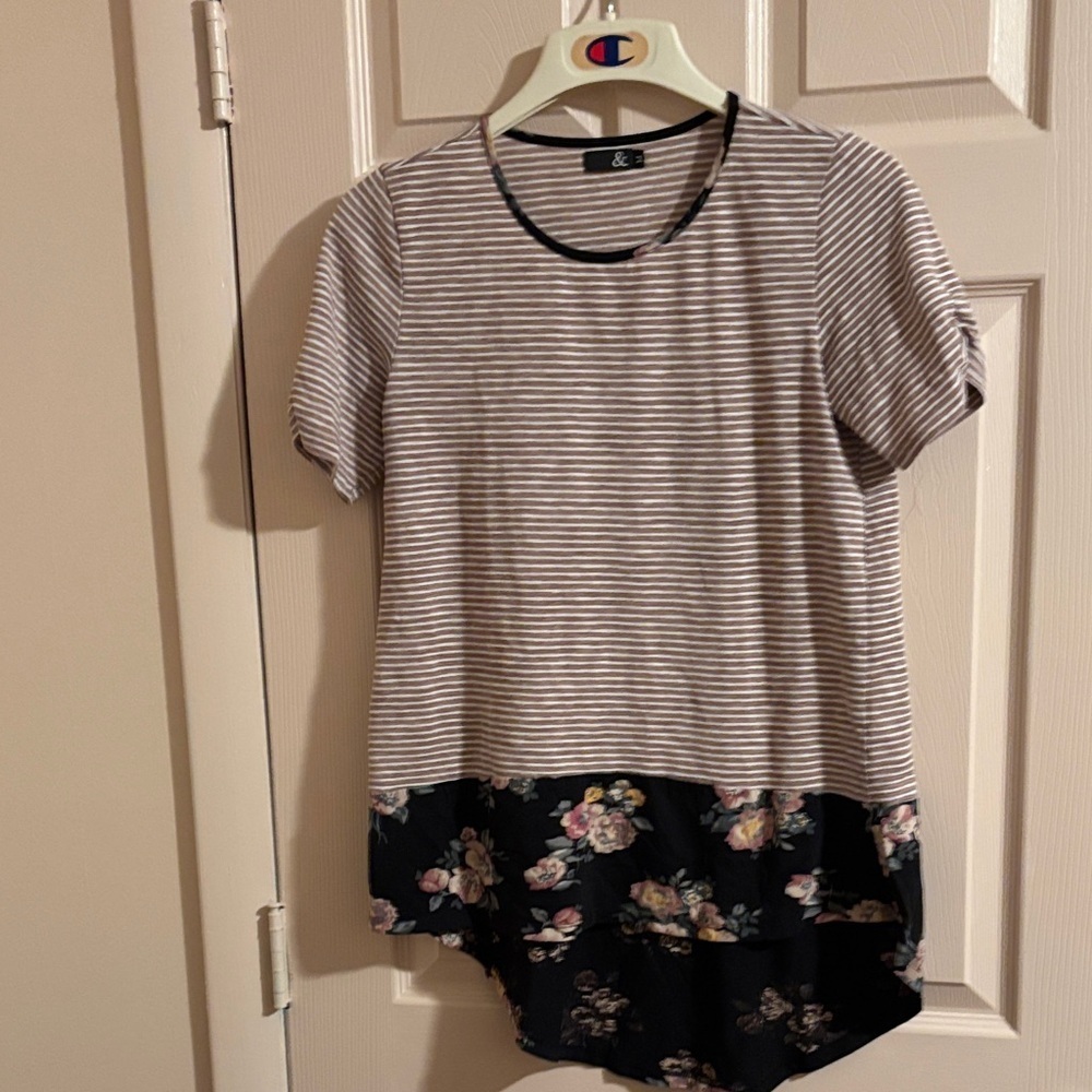 Champion Black and White Striped Floral Hem Tee